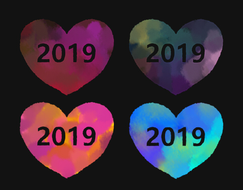 サンプル2019が白抜きされた水彩風のハートマーク素材