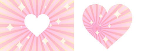 放射状ラインのピンク背景に、白抜きハートマークやキラキラ模様