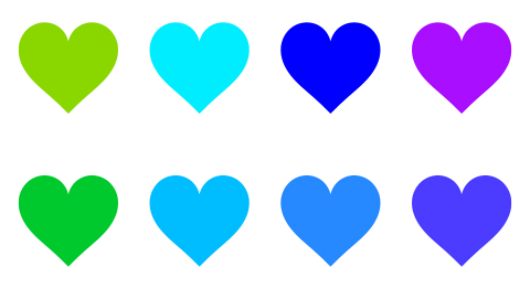シンプルなハートマークのイラスト素材　緑・水色・青・紫