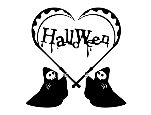 ハロウィン素材黒単色のイラスト　死神が鎌でハートを形作っている　内側にはHalloweenの文字
