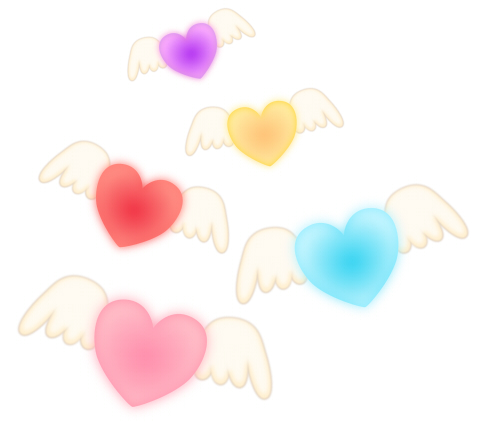 白い翼のハートマーク　ピンクや黄色、ブルー、パープルのハートマークに、白い翼が生えているイラストフリー素材