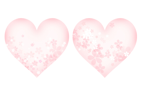 透明度のある淡いピンク色のハートマークに、桜のイラストが散らばっているフリー素材