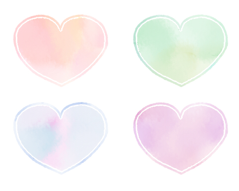 薄い色の水彩風ハートマーク素材　丸っこいフォルム　桃色と緑、青、薄紫の4色　内側に白線