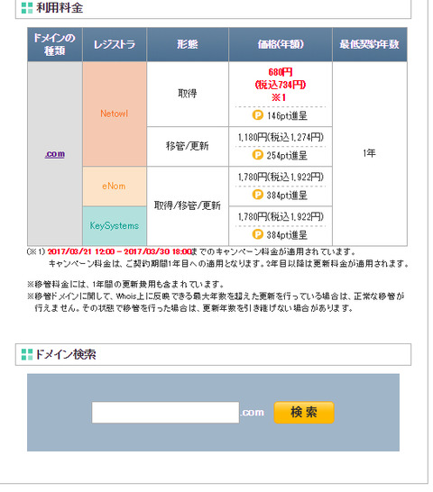 ネットオウルドメイン取得費用と更新料のページキャプチャ