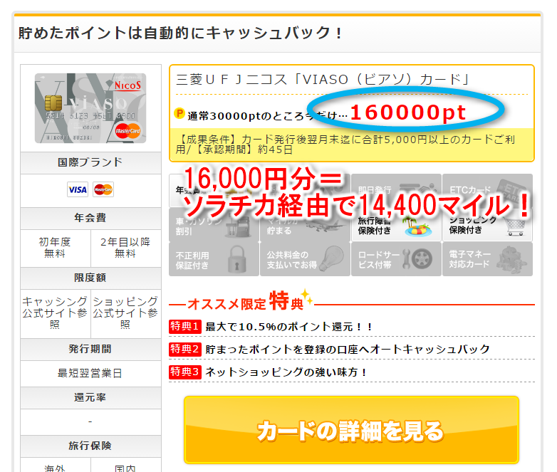 VIASOカード発行案件14,400マイル！さらに高値更新！