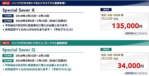 JALバンコク線で特別運賃！ビジネスクラスが135000円、エコノミーが34000円で2月14日まで！