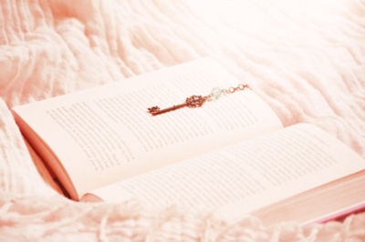 淡いピンクのトーンの布の上の開かれた本と鍵
