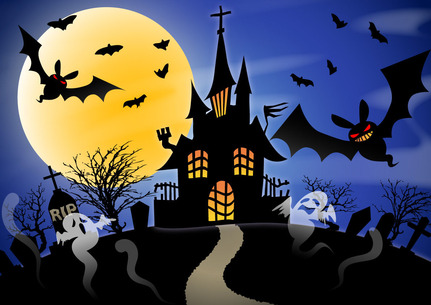 ハロウィン お城に集まるお化けとコウモリ