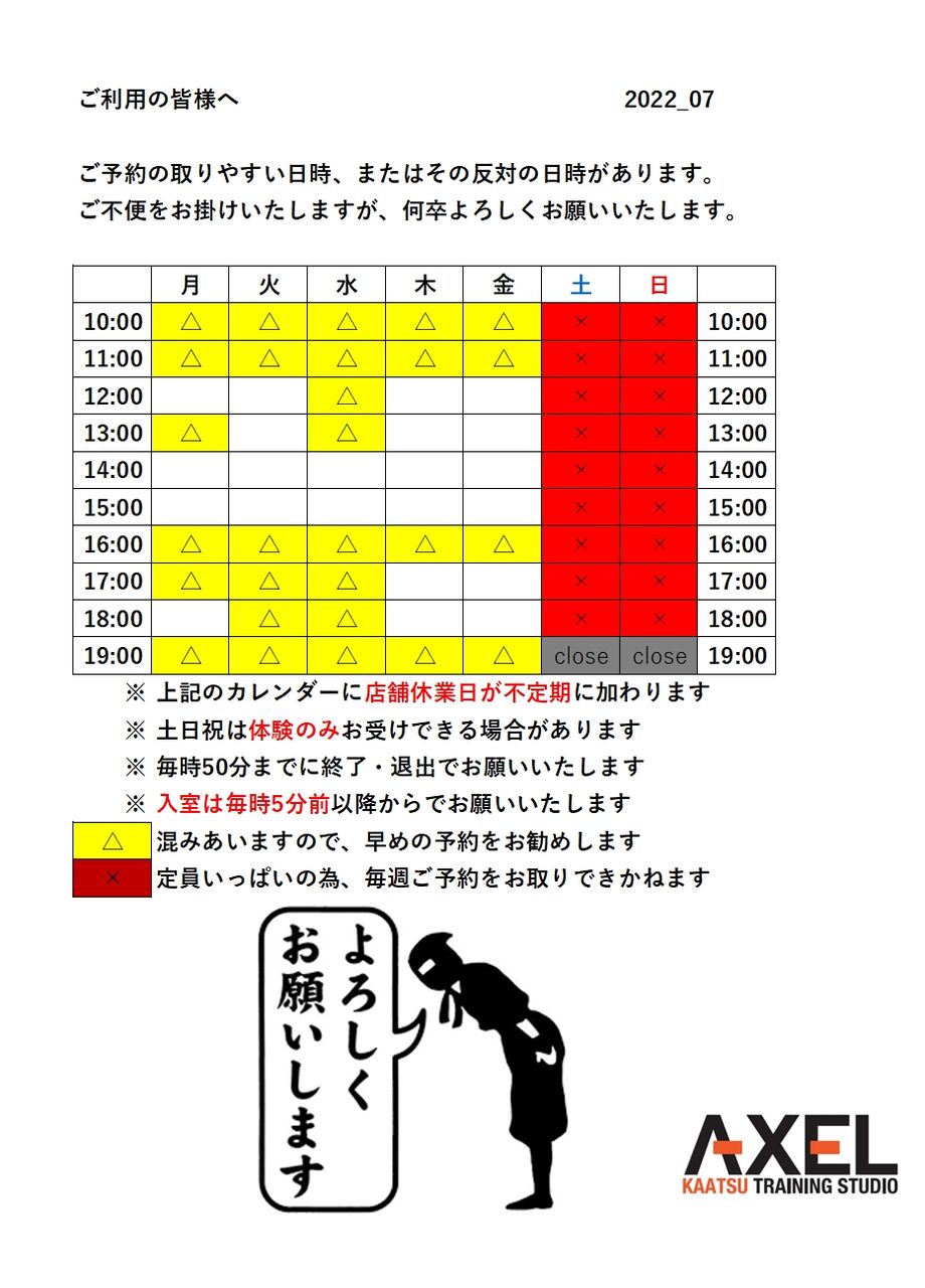 混雑状況 22年7月 加圧トレーニングスタジオ アクセル Kaatsu Training Studio Axel