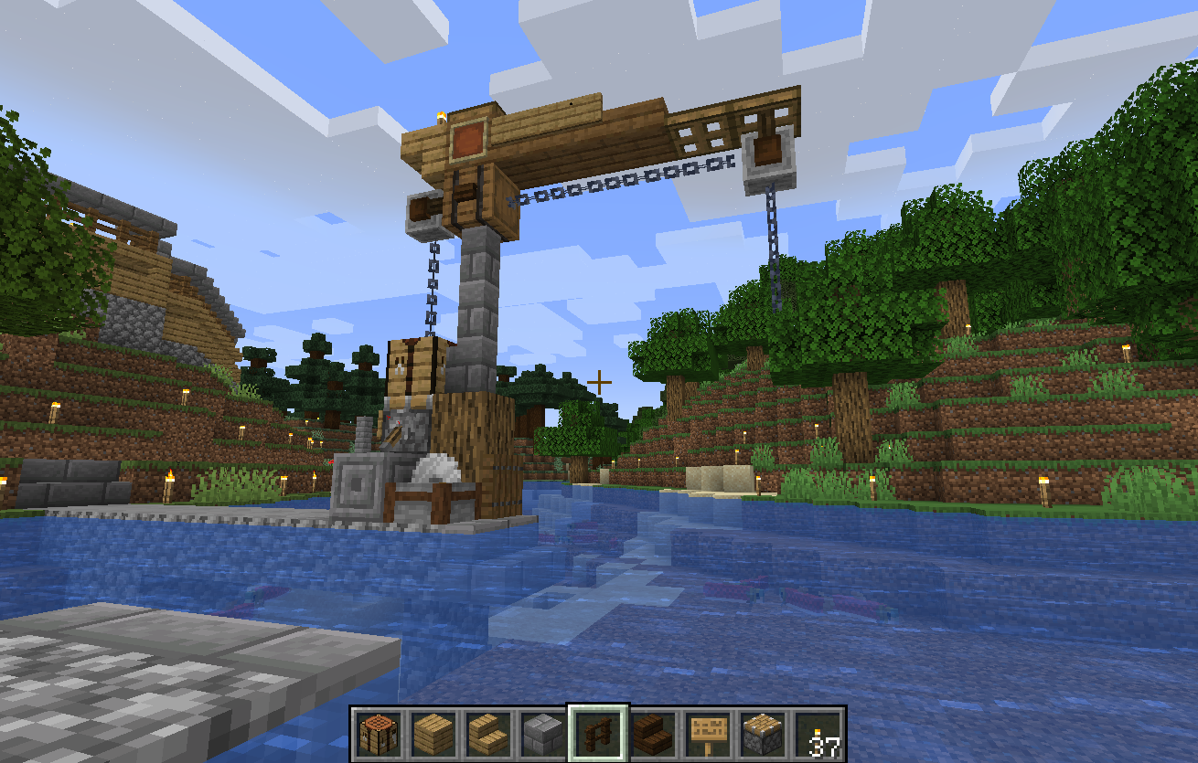 港の門とクレーンを作る Minecraft 世界ゆったり街歩き