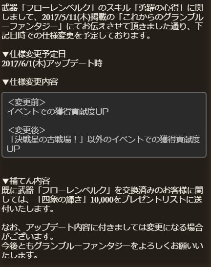 グラブル フローレンベルク仕様変更が6月1日に実施決定 古戦場が貢献度up対象外となり交換済ユーザーには輝き1万が補填 ミニゴブ速報 グラブル まとめ