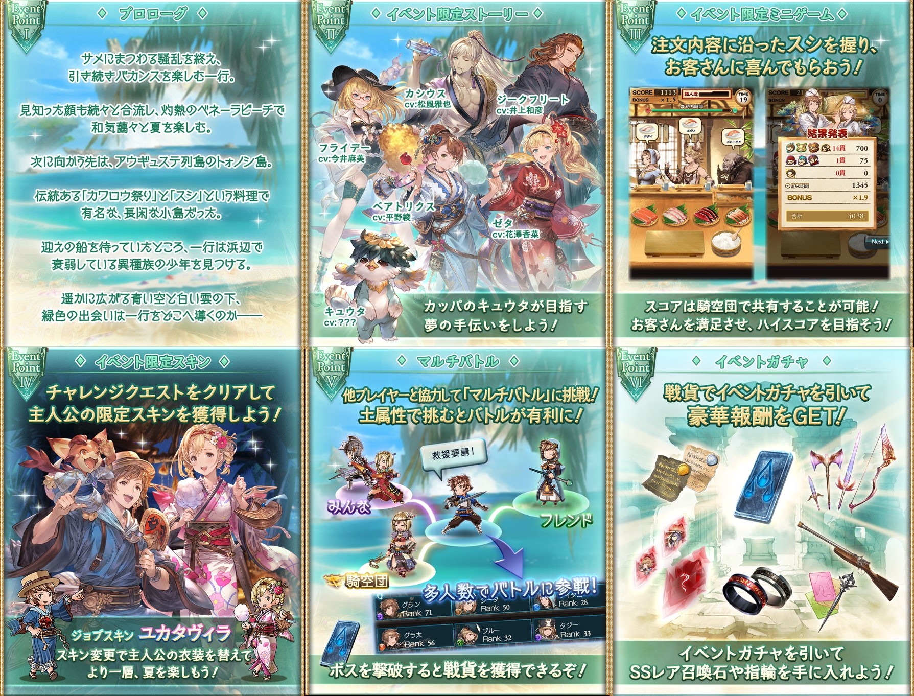 グラブル カッパサマー クロニクル 開催情報が公開 主人公のユカタヴィラスキンが報酬に ベアトリクスやゼタの浴衣姿の全体もお披露目 スシを握るミニゲームも登場 ミニゴブ速報 グラブルまとめ グラブル カッパサマー クロニクル 開催情報が公開 主人公のユカタヴィラスキンが報酬に ベアトリクスやゼタの浴衣姿の全体もお披露目 スシを握るミニゲームも登場 ミニゴブ速報 グラブルまとめ