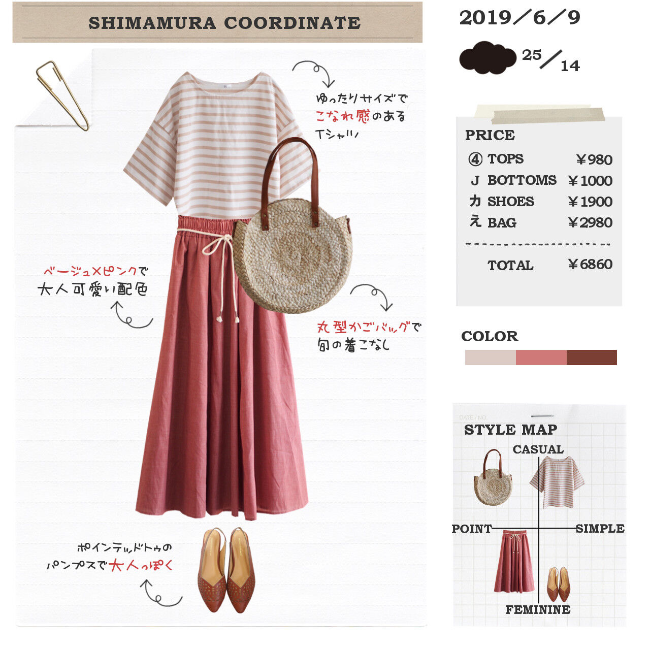 しまむら一か月着回しコーデ ベージュボーダーtシャツ ピンクスカートで大人可愛く 丸型かごバッグで旬の着こなし しまむらコーデ365日 Powered By ライブドアブログ