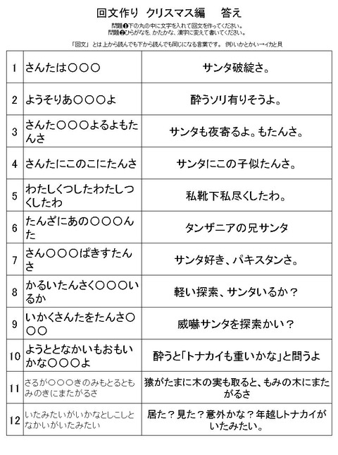 回文作りクリスマス答え