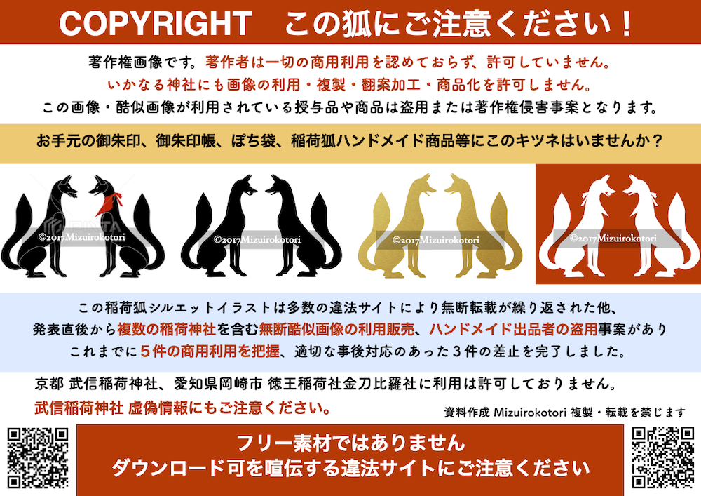 徳王稲荷社 武信稲荷神社 ほか狐イラスト無断複製 不正利用 概要と解説 水色ことりイラスト作品 著作権侵害事例 盗用 複製 無断商品化 不正利用