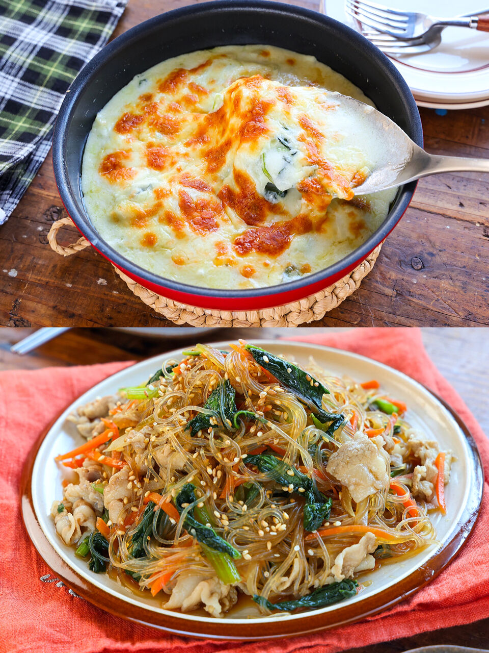 サーモス連載】チキンと小松菜のグラタン＆豚肉と小松菜のチャプチェ風