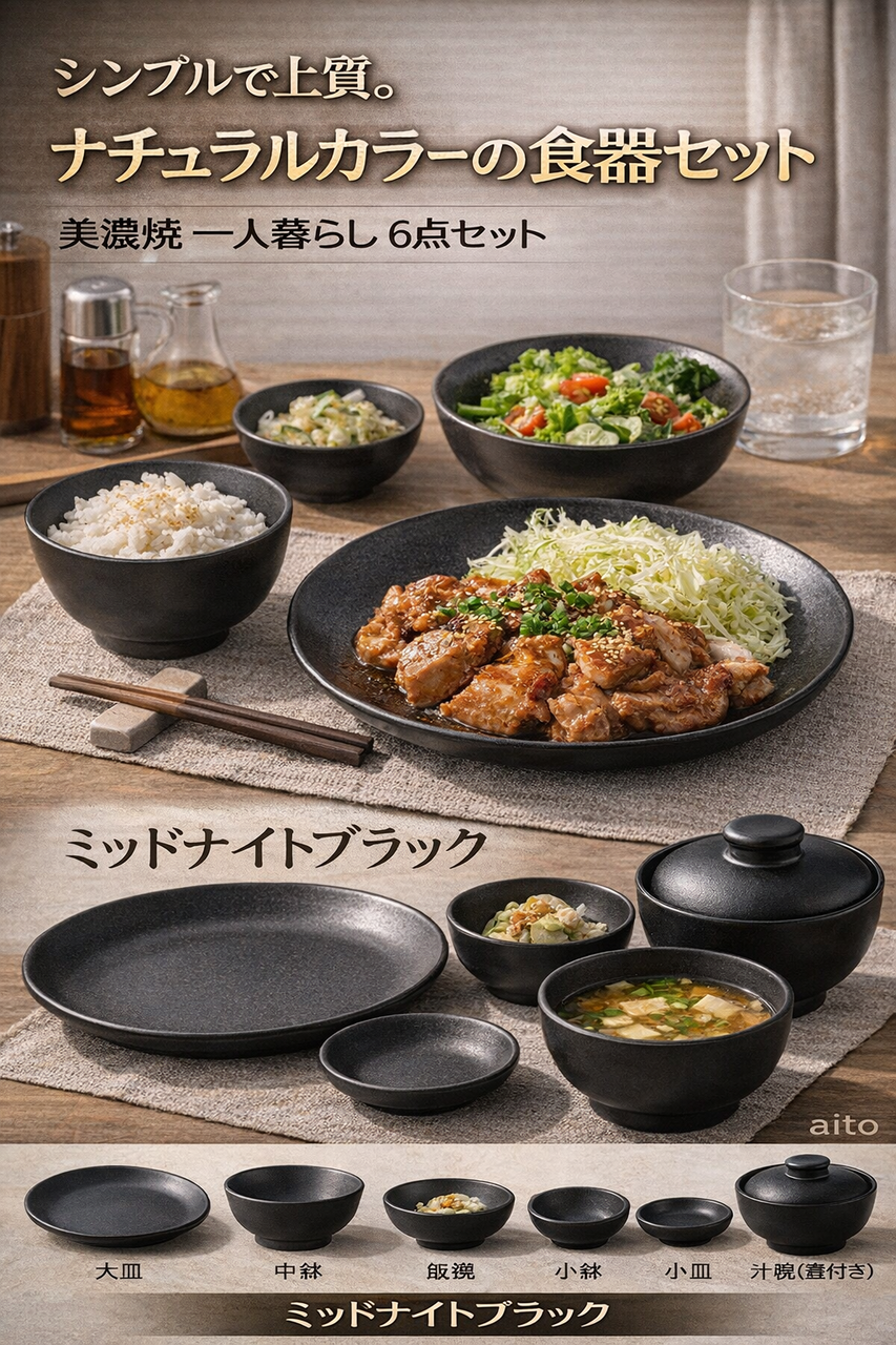 aito製作所 「 ナチュラルカラー 」 食器セット 一人暮らし 6点セット ミッドナイトブラック 美濃焼 食洗機対応 電子レンジ対応 日本製 