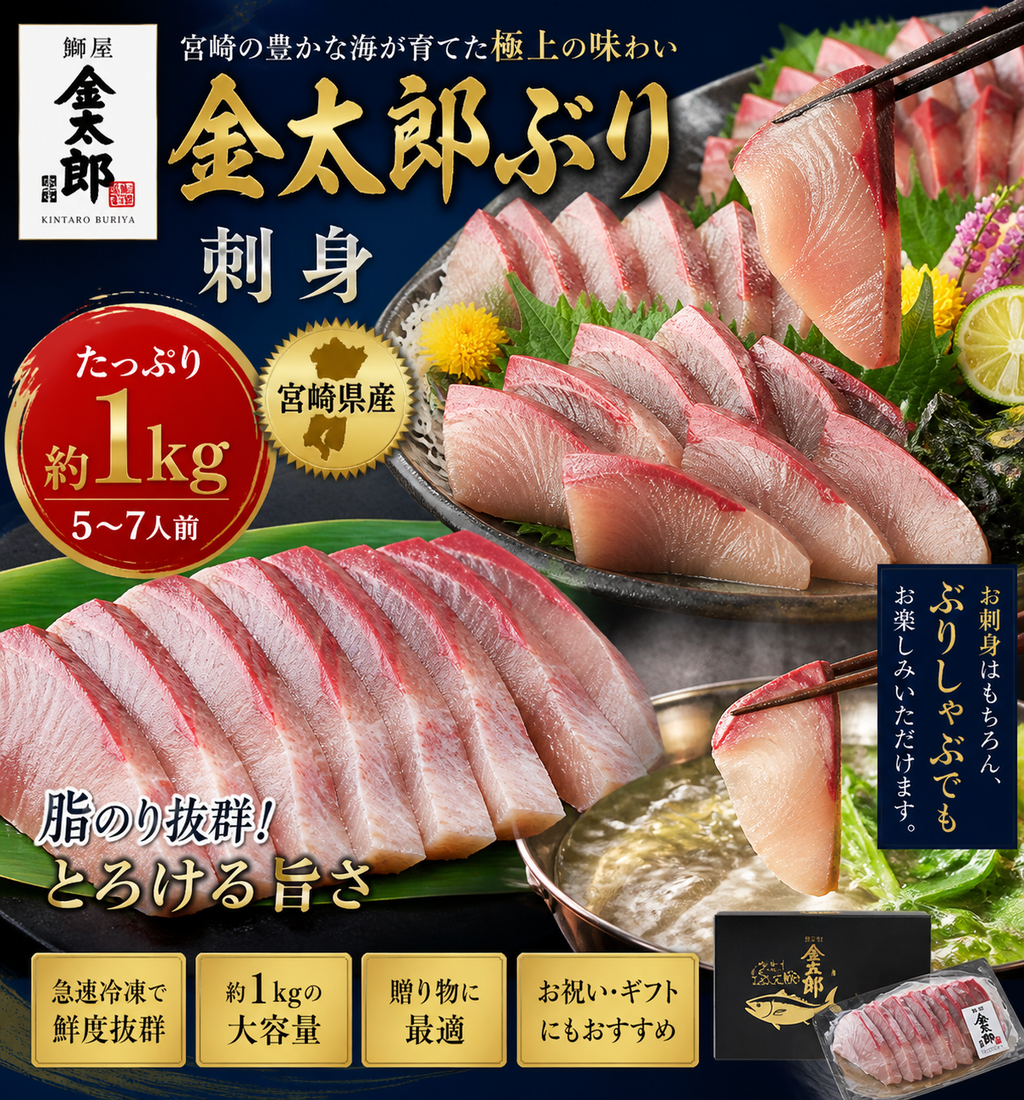 鰤屋金太郎 金太郎ぶり 刺身 (約1000g / 5~7人前 / 宮崎県産) 冷凍 海鮮 魚 ブリ ぶりしゃぶ お取り寄せグルメ/お祝い ギフト プレゼント おかず おつまみ