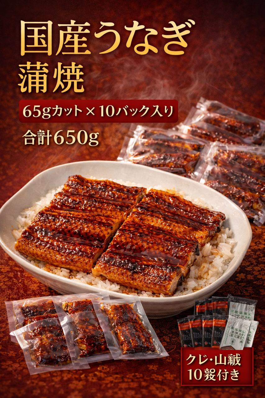 うなぎ 国産 蒲焼 65gカット 10パック入り 合計650g タレ・山椒10袋付き