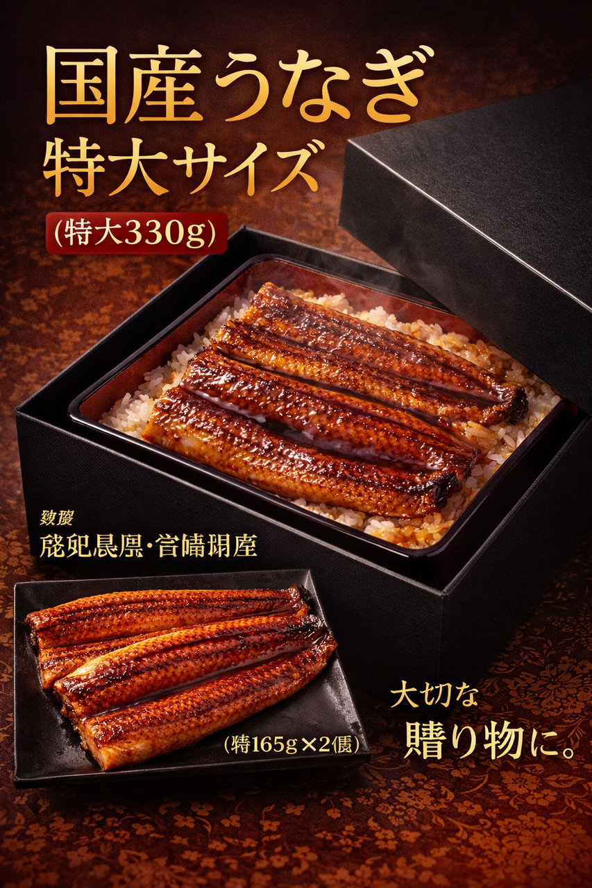 うなぎ 鰻蒲焼き 国産 330g (特大サイズ 約165g×2尾) 約4人前 【ギフト用化粧箱入り】 ギフト 無頭 鹿児島・宮崎県産