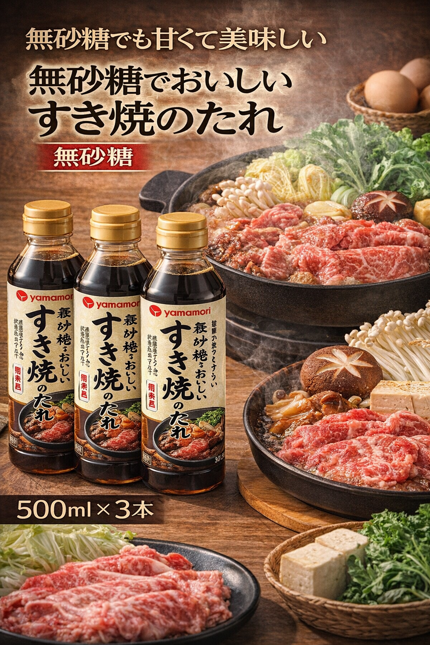 ヤマモリ 無砂糖でおいしい すき焼のたれ 500ml ×3本