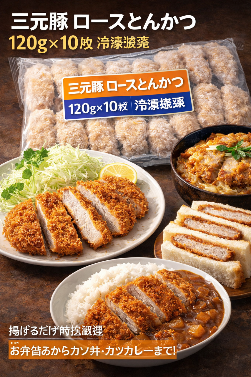 三元豚ロースとんかつ 冷凍 120g×10枚 1.2kg ロースカツ とんかつ トンカツ カツサンド カツカレー お弁当のおかず 揚げるだけ 時短調理 カツ丼 三元豚 冷凍惣菜