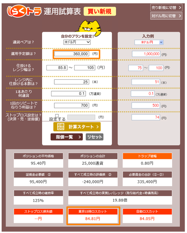 トラリピ運用試算表85円