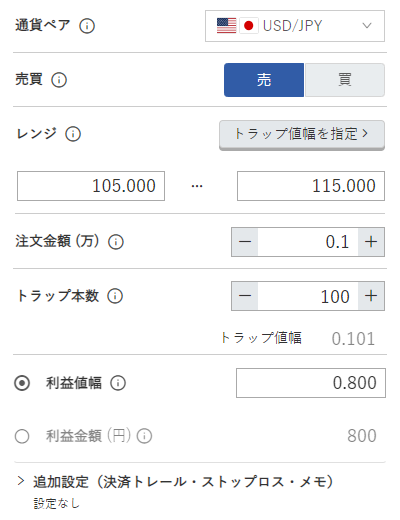 鈴のトラリピ設定-米ドル／円売り105円-115円