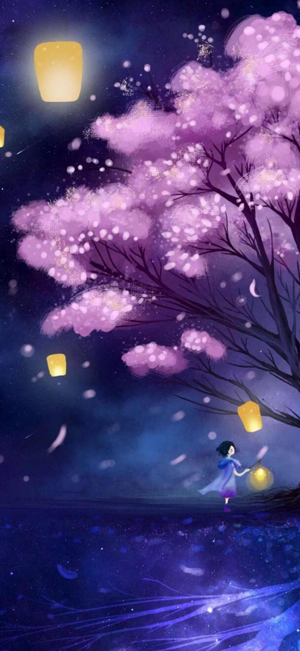 桜の木のランタンの女の子 動画区 ロック画面の壁紙のpc 携帯電話の壁紙 壁紙