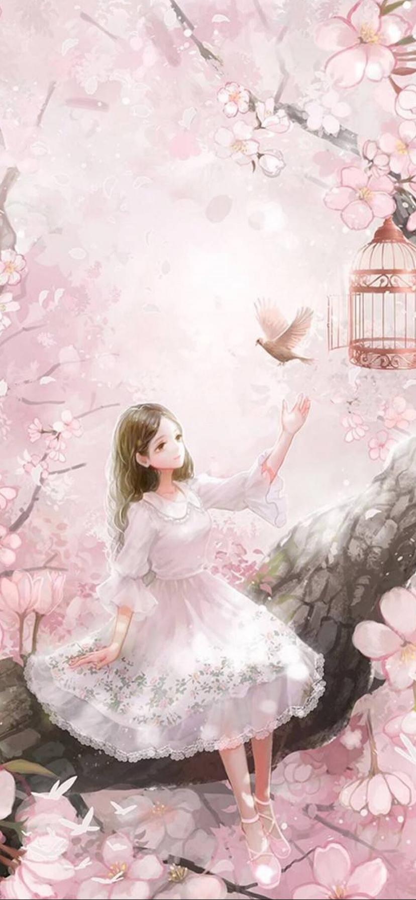 女の子 ロック画面の画像の壁紙自然の桜の木に座って 携帯電話の壁紙 壁紙