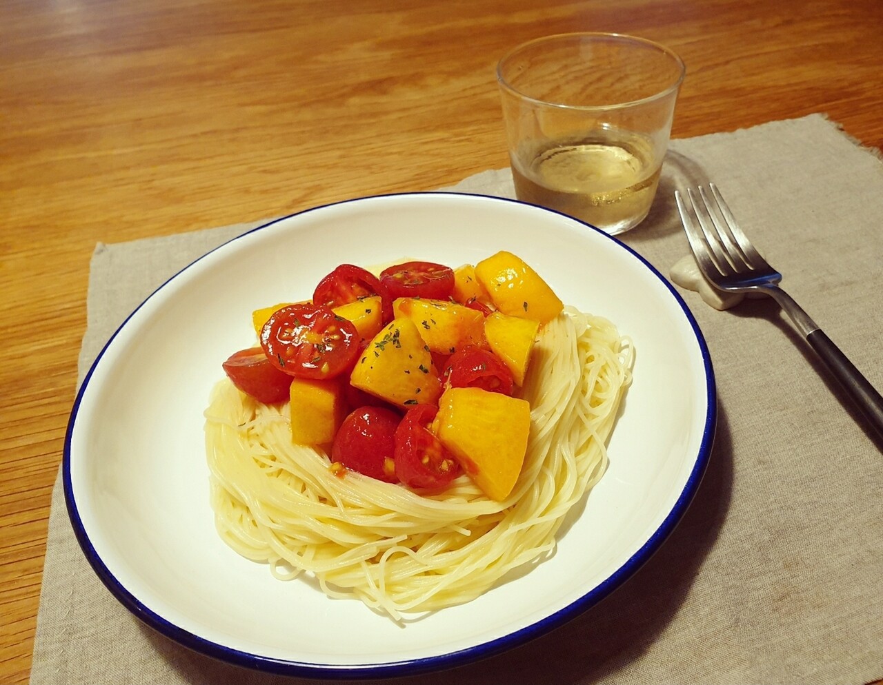 桃の冷製パスタ むくげの花