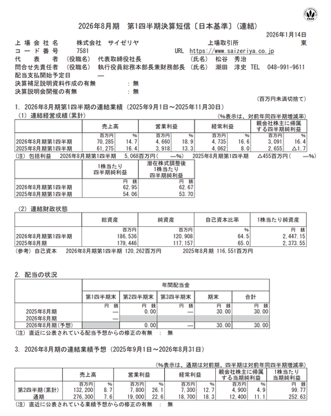 サイゼリヤ 2026年8月期第1四半期決算