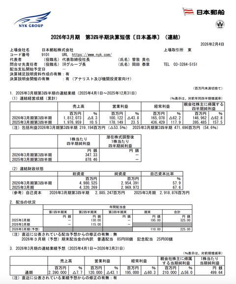 日本郵船 2026年3月期第3四半期決算