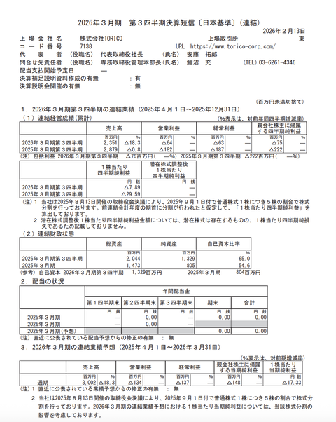 TORICO 2026年3月期第3四半期決算