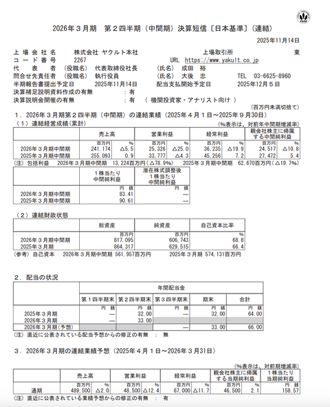 ヤクルト本社 2026年3月期第2四半期決算