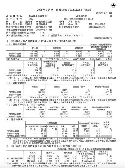 亀田製菓 2026年3月期通期決算