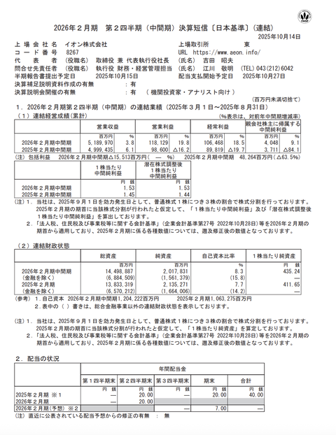 イオン 2026年2月期第2四半期決算