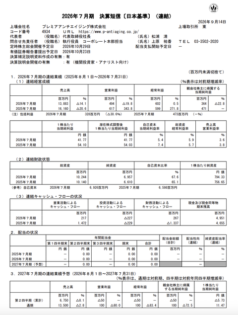 プレミアアンチエイジング 2026年7月期通期決算