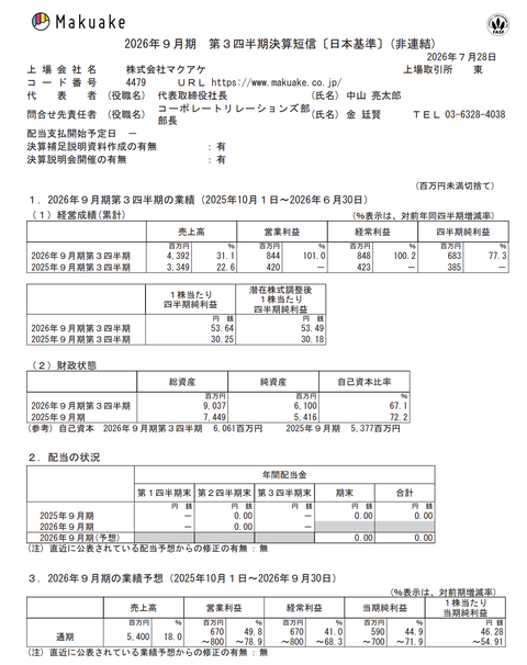 マクアケ 2026年9月期第3四半期決算