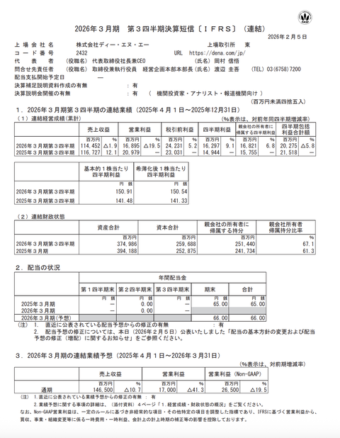 ディー・エヌ・エー 2026年3月期第3四半期決算