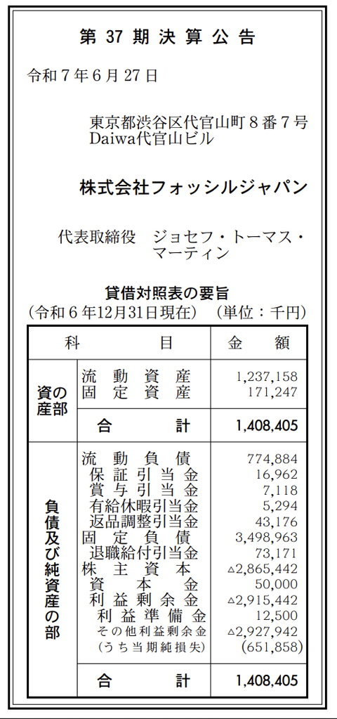 ライフスタイルブランド「FOSSIL」日本法人 フォッシルジャパン 決算公告(第37期)