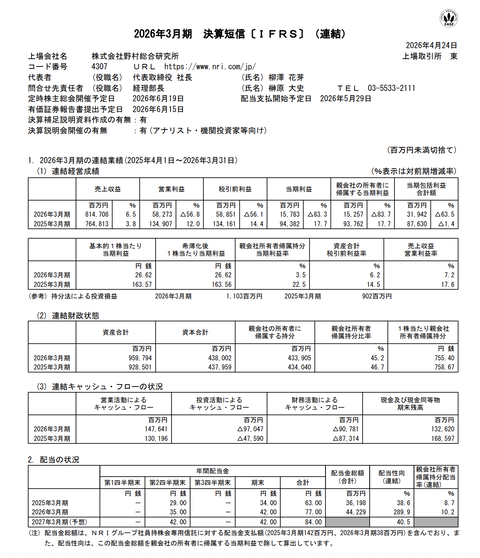 野村総合研究所 2026年3月期通期決算