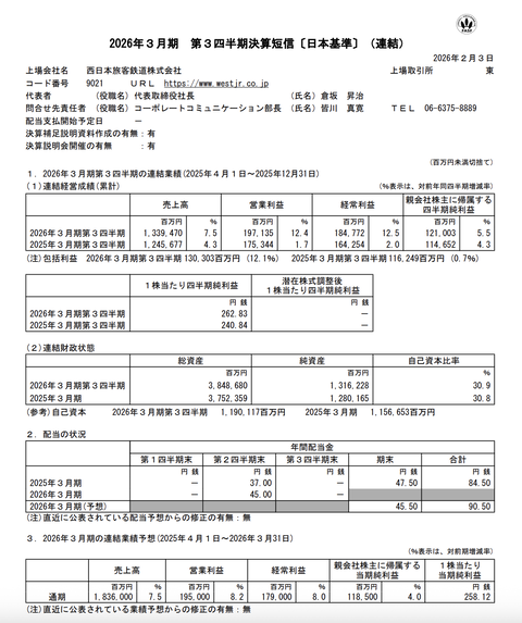 JR西日本 2026年3月期第3四半期決算