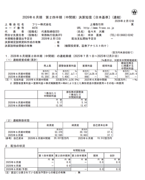 フリー 2026年6月期第2四半期決算