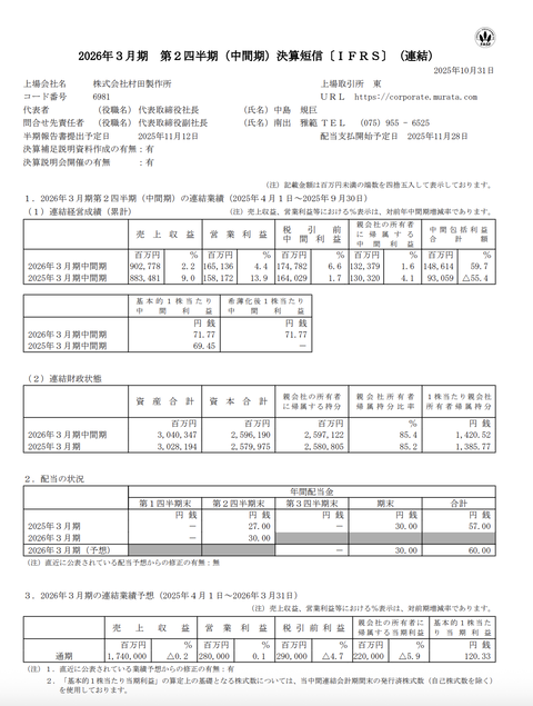 村田製作所 2026年3月期第2四半期決算