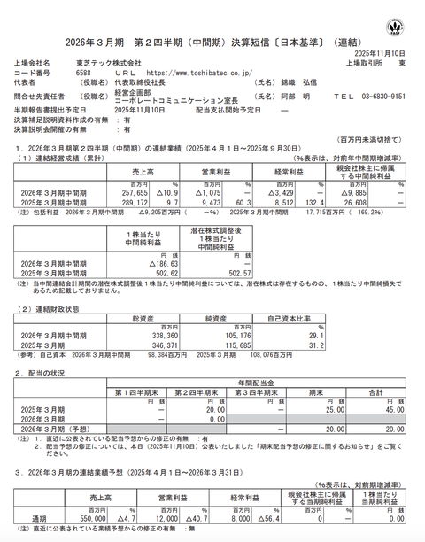 東芝テック 2026年3月期第2四半期決算