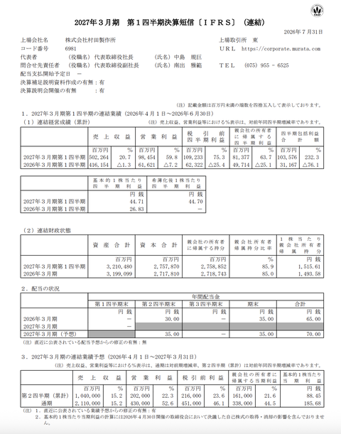 村田製作所 2027年3月期第1四半期決算