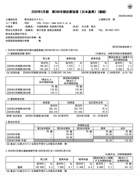 ダスキン 2026年3月期第3四半期決算