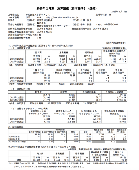 スタジオアリス 2026年2月期通期決算