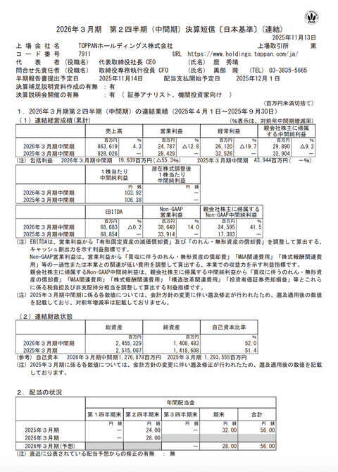 TOPPANホールディングス 2026年3月期第2四半期決算